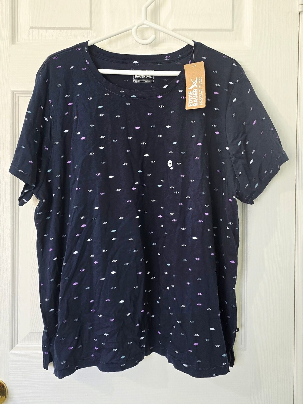 NEW! Eddie Bauer Women's Navy Cotton Tee with Print Blue Haze Accents Size 3X